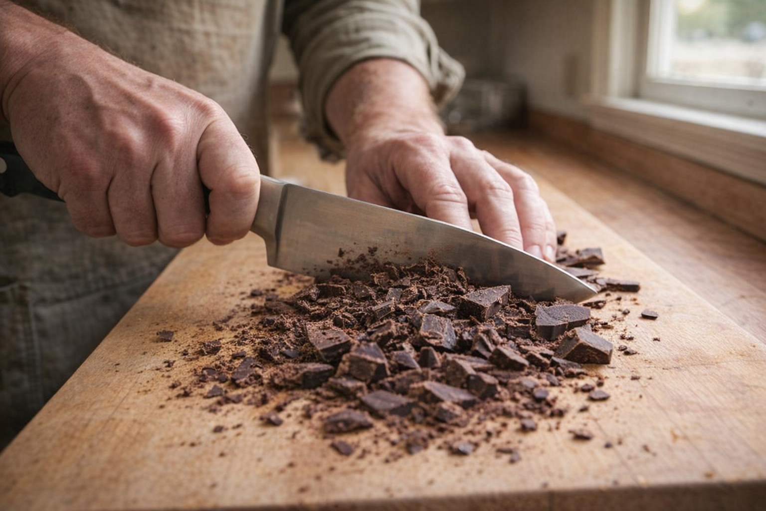 A close-up shot of a chef's hands chopping a dark chocolate bar into small pieces on a wooden cutting board with a large knife, natural light from a window